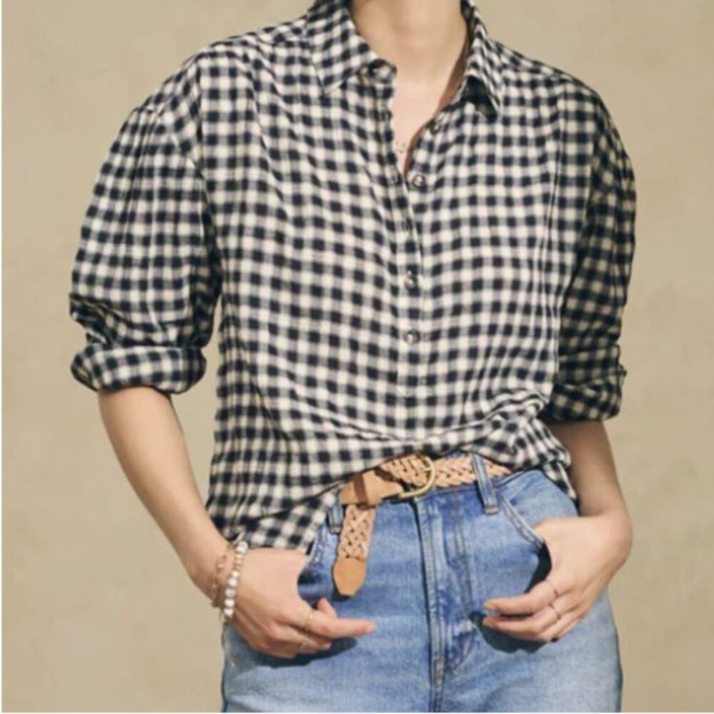Faherty Olli Shirt Moonlit Oversized XS Gingham Plaid Long Sleeve Boho Coastal